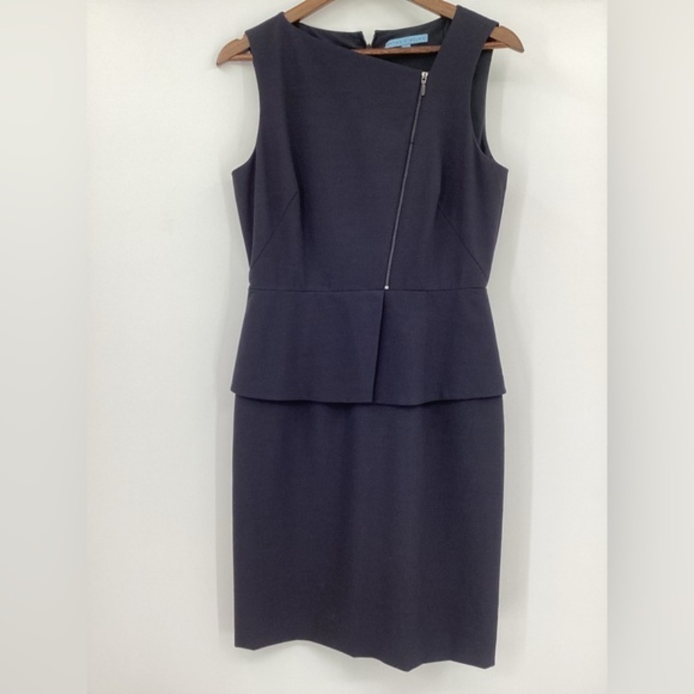 ANTONIO MELANI Navy Sleeveless Peplum Sheath Dress with Asymmetric Zip